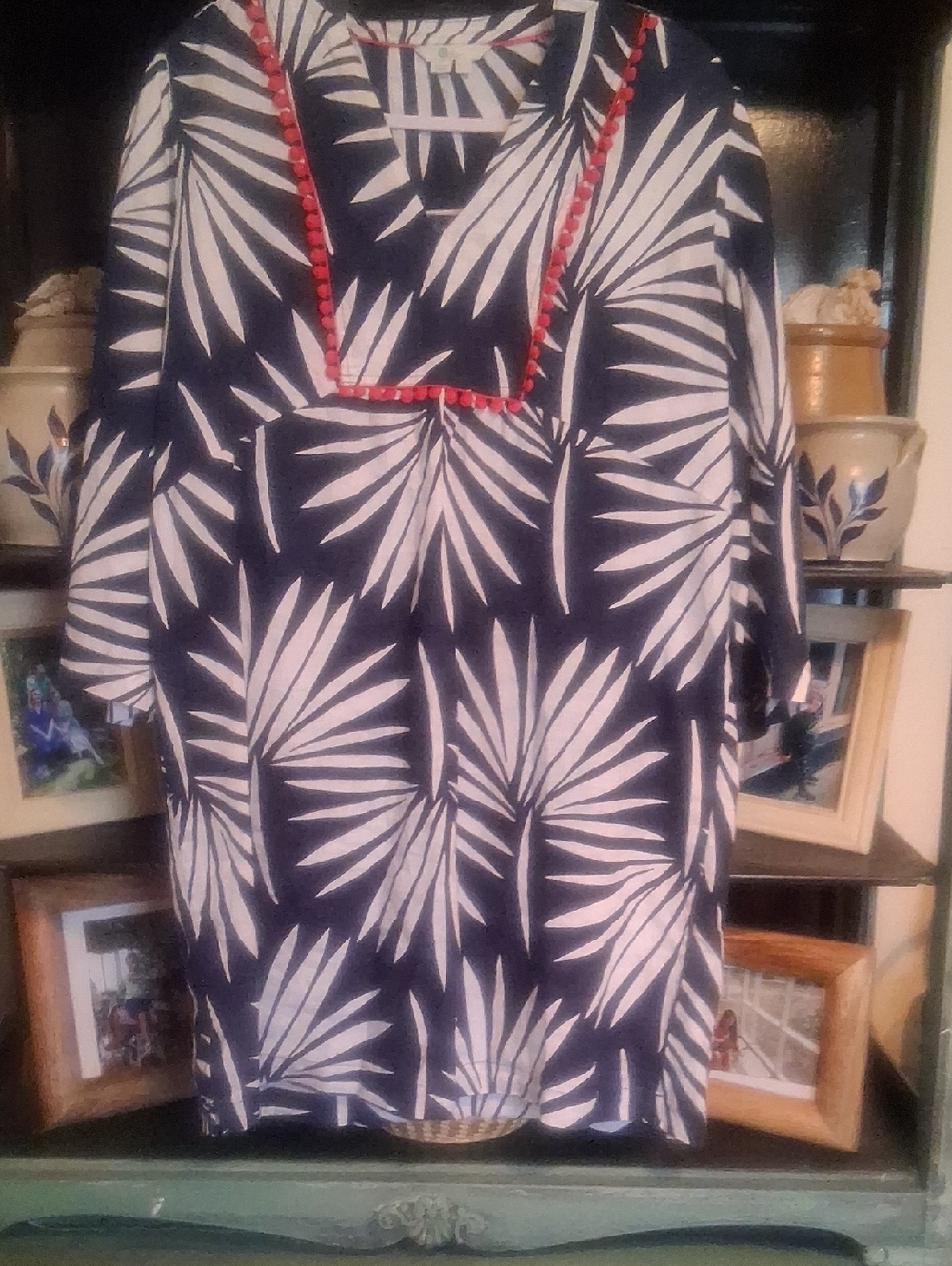 Boden Navy and White Palm-Print Tunic with Coral Trim
